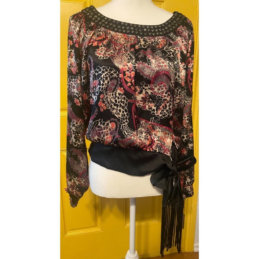 Nikibiki Women Silky Floral Long Sleeve Blouse‎ with Sash at Waist Size Small